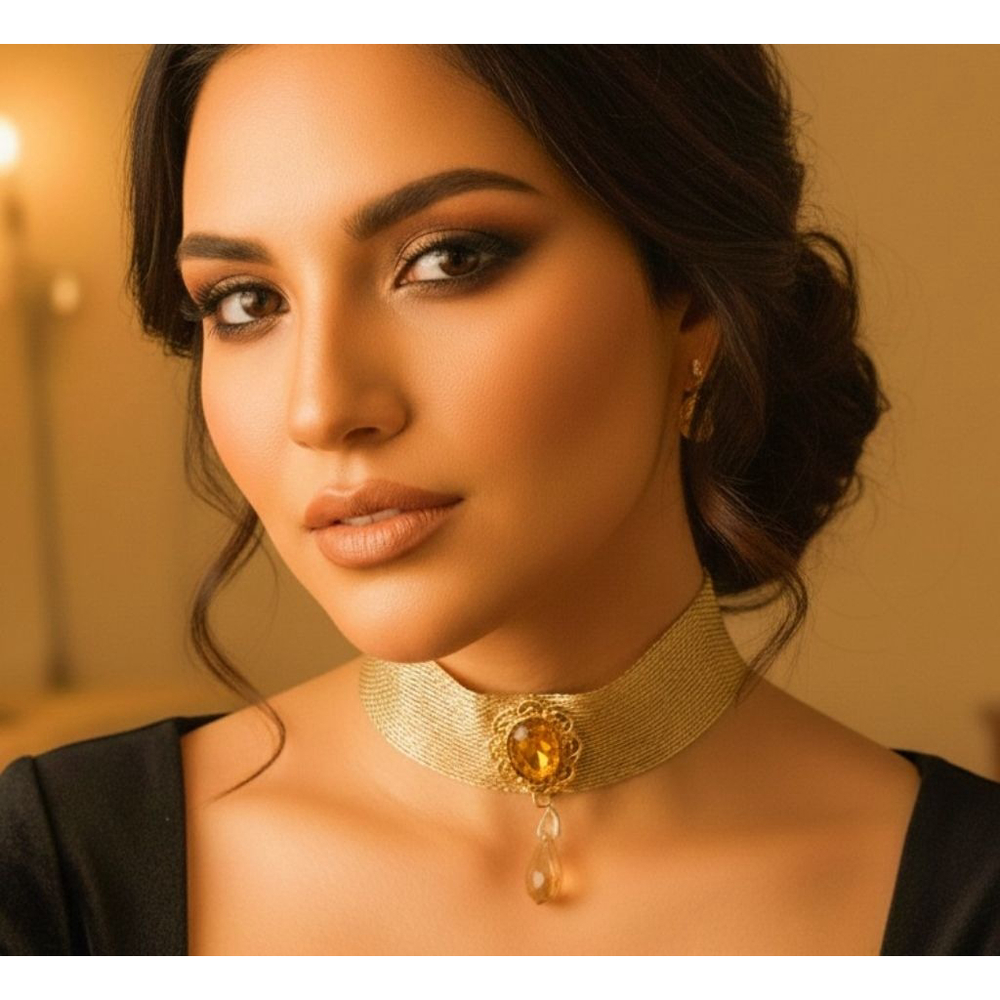 Gold Mesh Choker Necklace with Yellow Crystal & Drop Pendant